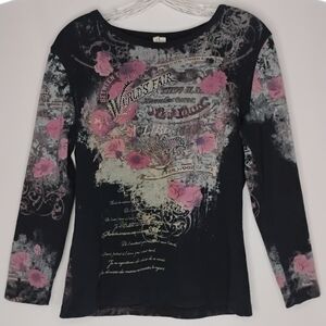 Women's Large Susan Lawrence World's Fair Floral Grunge Y2K 3/4 Sleeve Shirt L